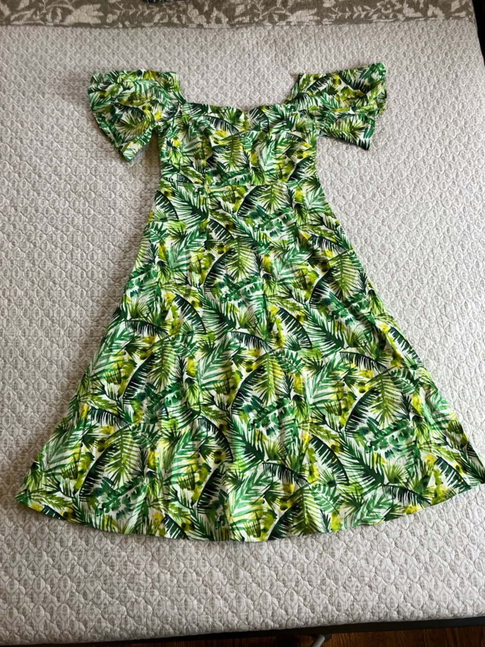 Off the Shoulder Palm Print Dress